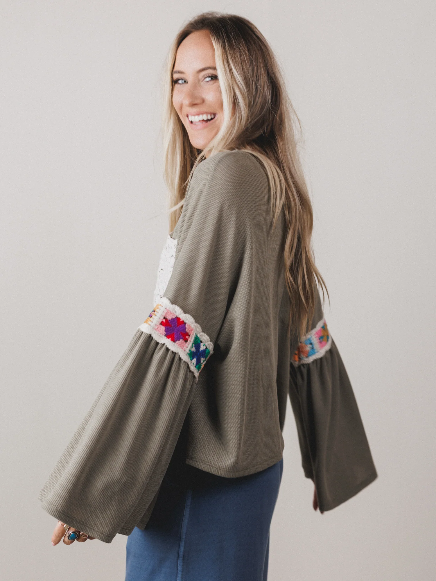 The Nest Groovy Crochet Patchwork Top - Olive - Image 5