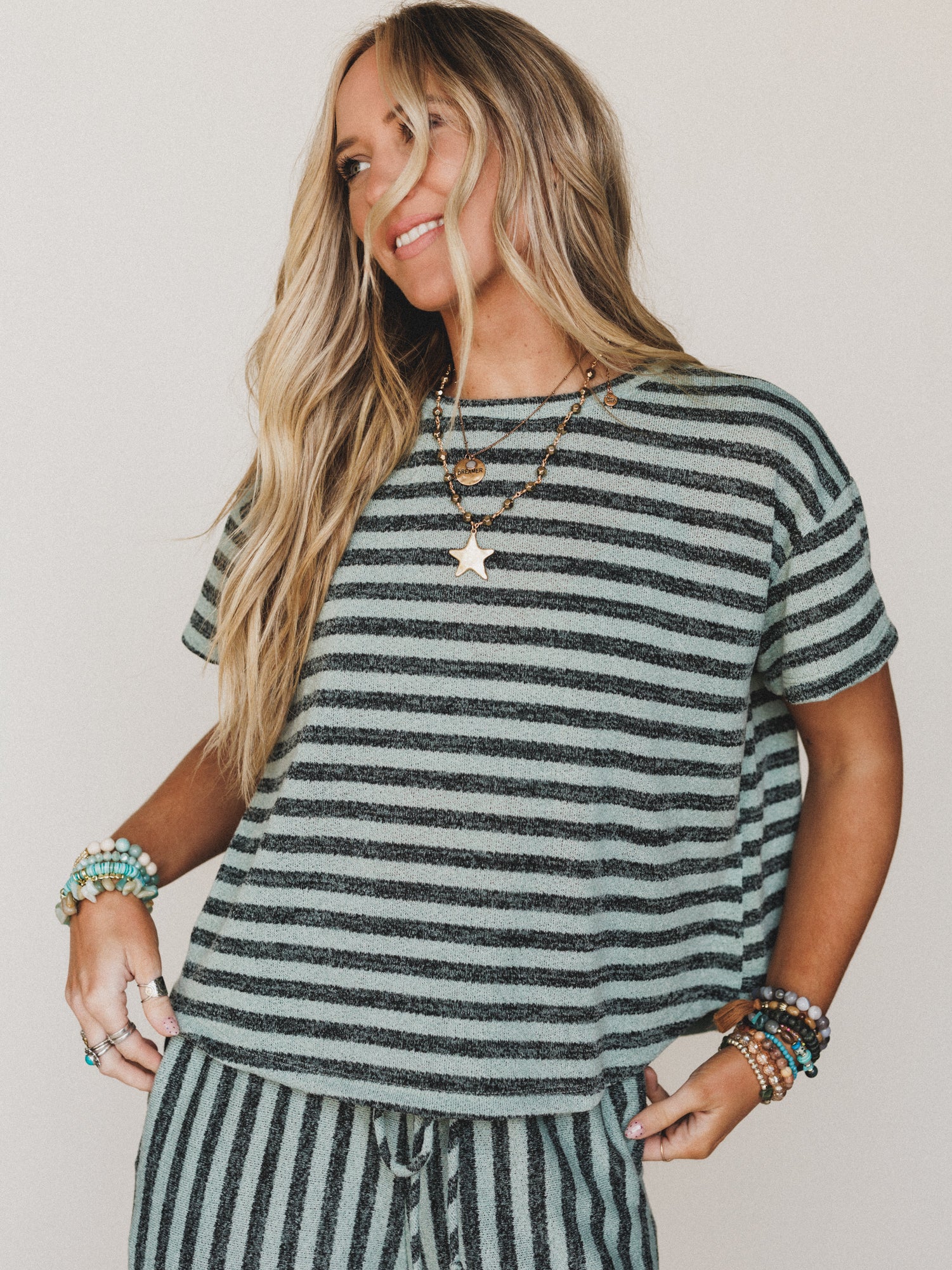 The Nest Ibiza Breeze Striped Top - Sage Black - Pre Order