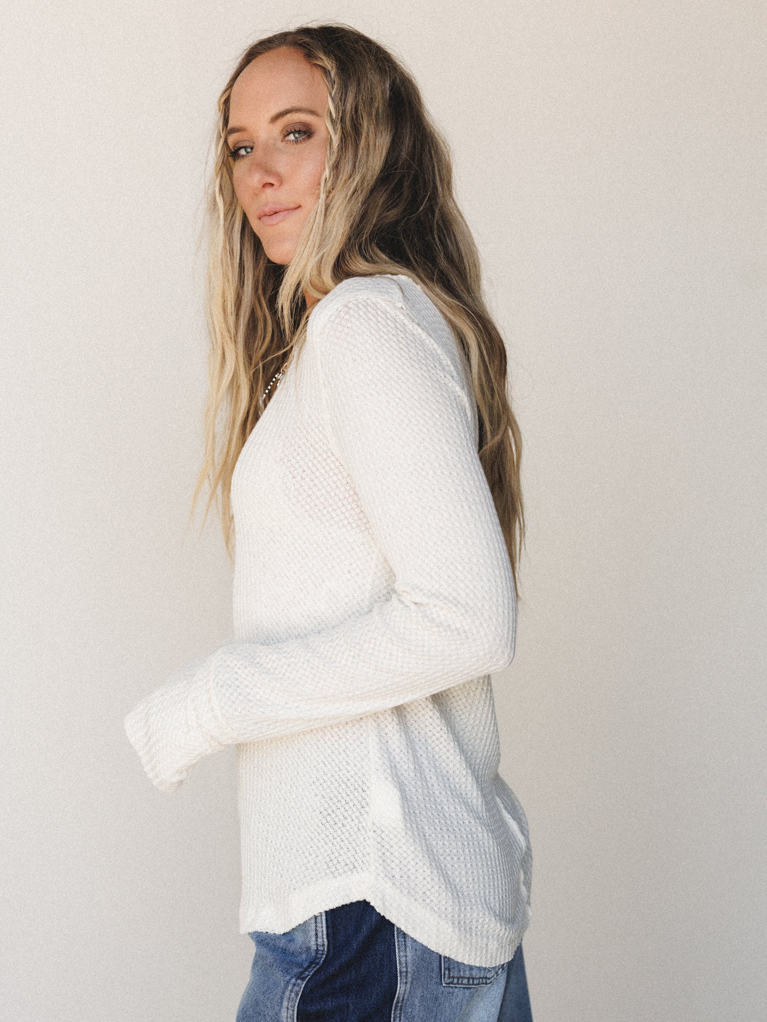 The Nest Jacqueline Waffle Long Sleeve Top - Cream - Image 5