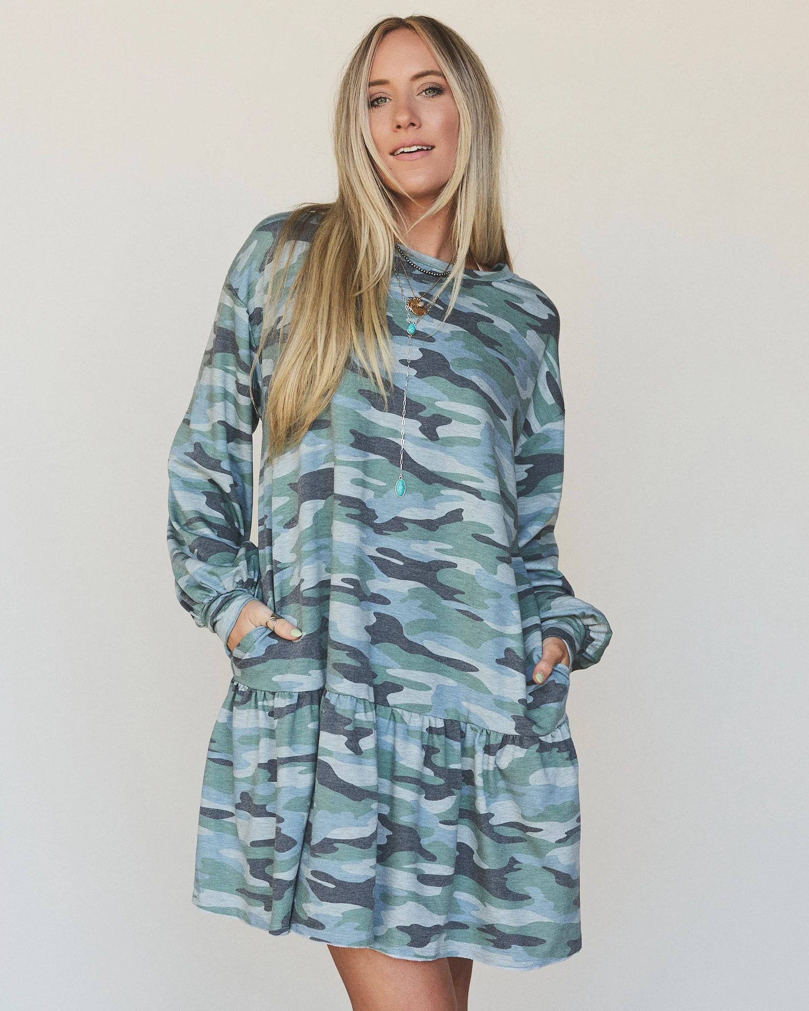 The Nest Jade Long Sleeve Mini Dress - Olive Charcoal - Image 2