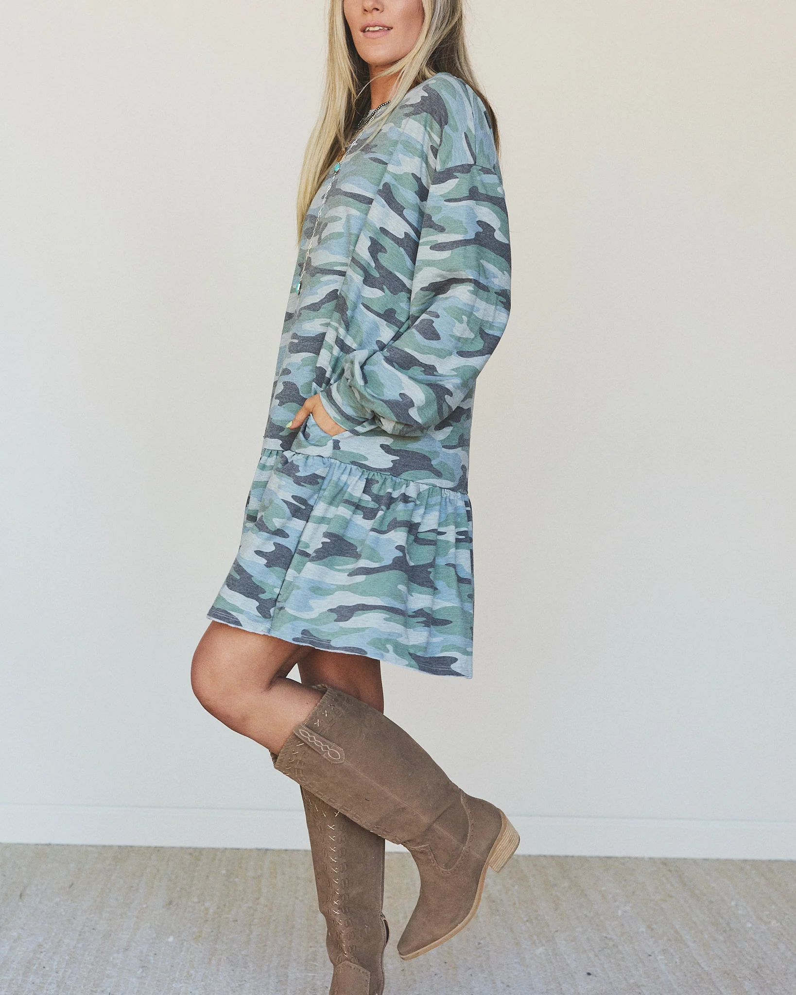 The Nest Jade Long Sleeve Mini Dress - Olive Charcoal - Image 4