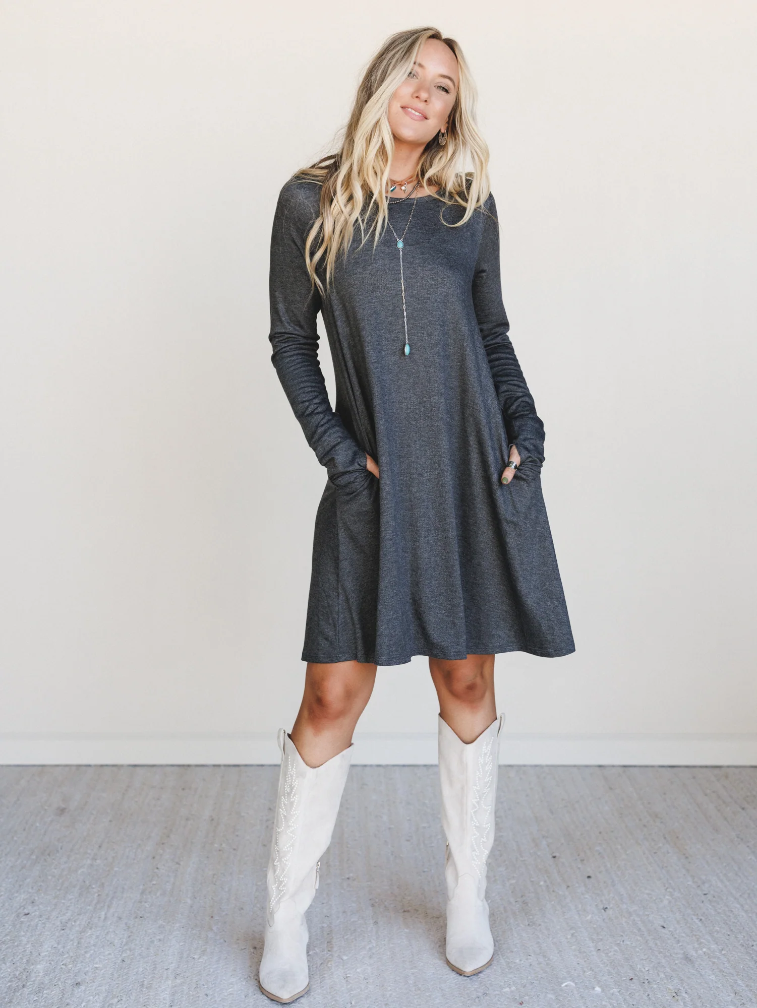 The Nest Jake Long Sleeve Crewneck Dress - Charcoal - Pre Order