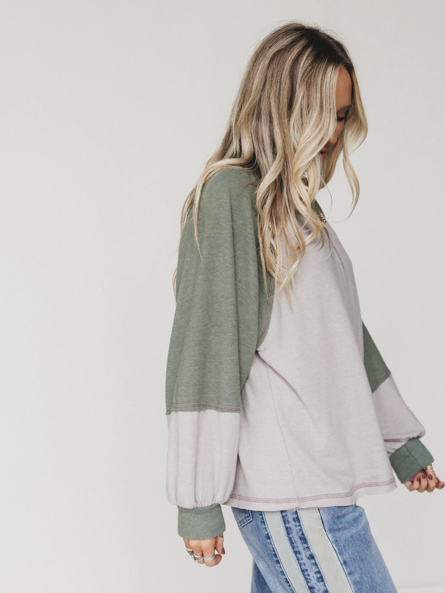 The Nest Jules Contrast Pullover Top - Taupe Olive - Image 3
