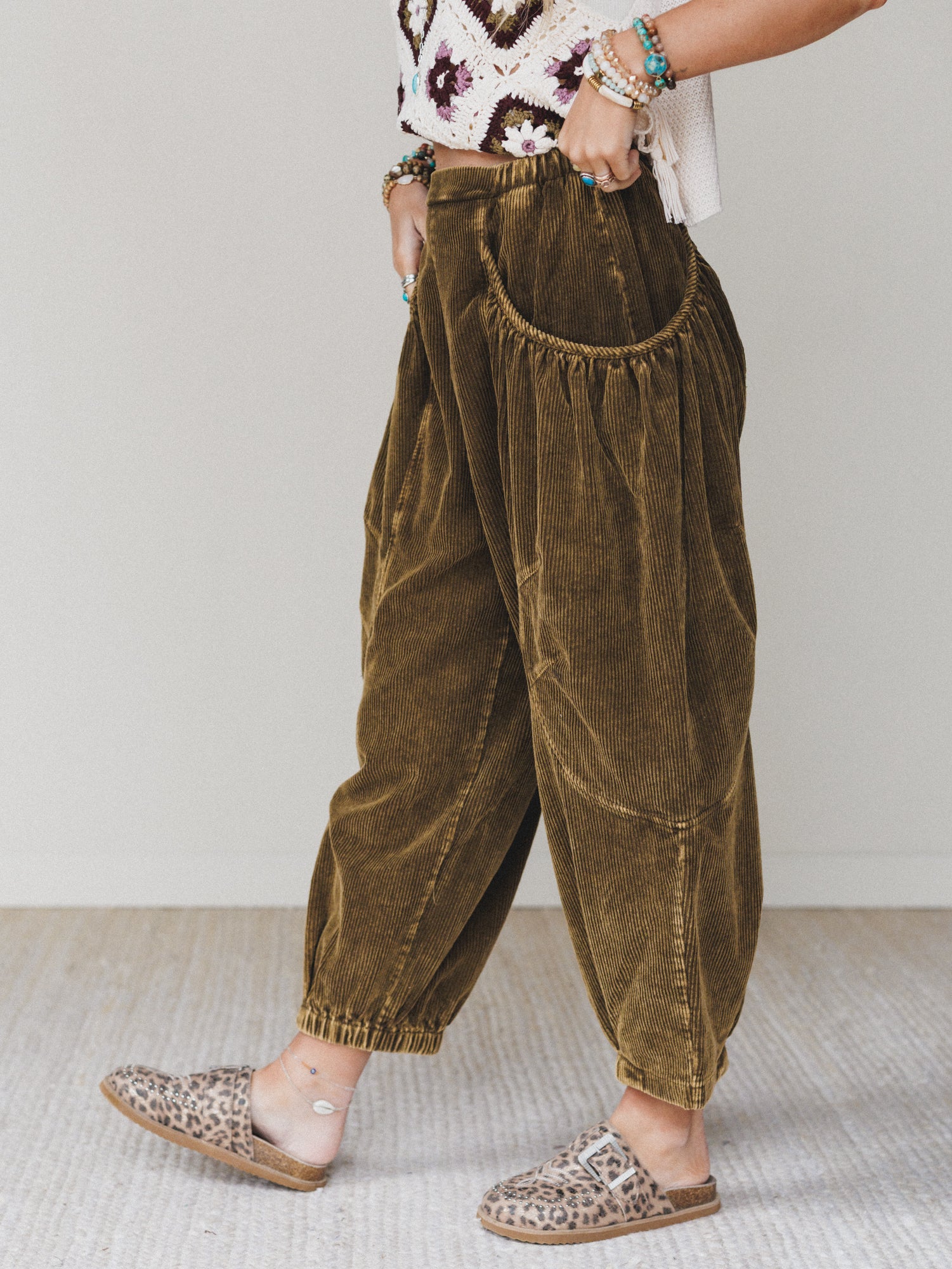 The Nest Nora Gathered Barrel Corduroy Pant - Olive - Image 2