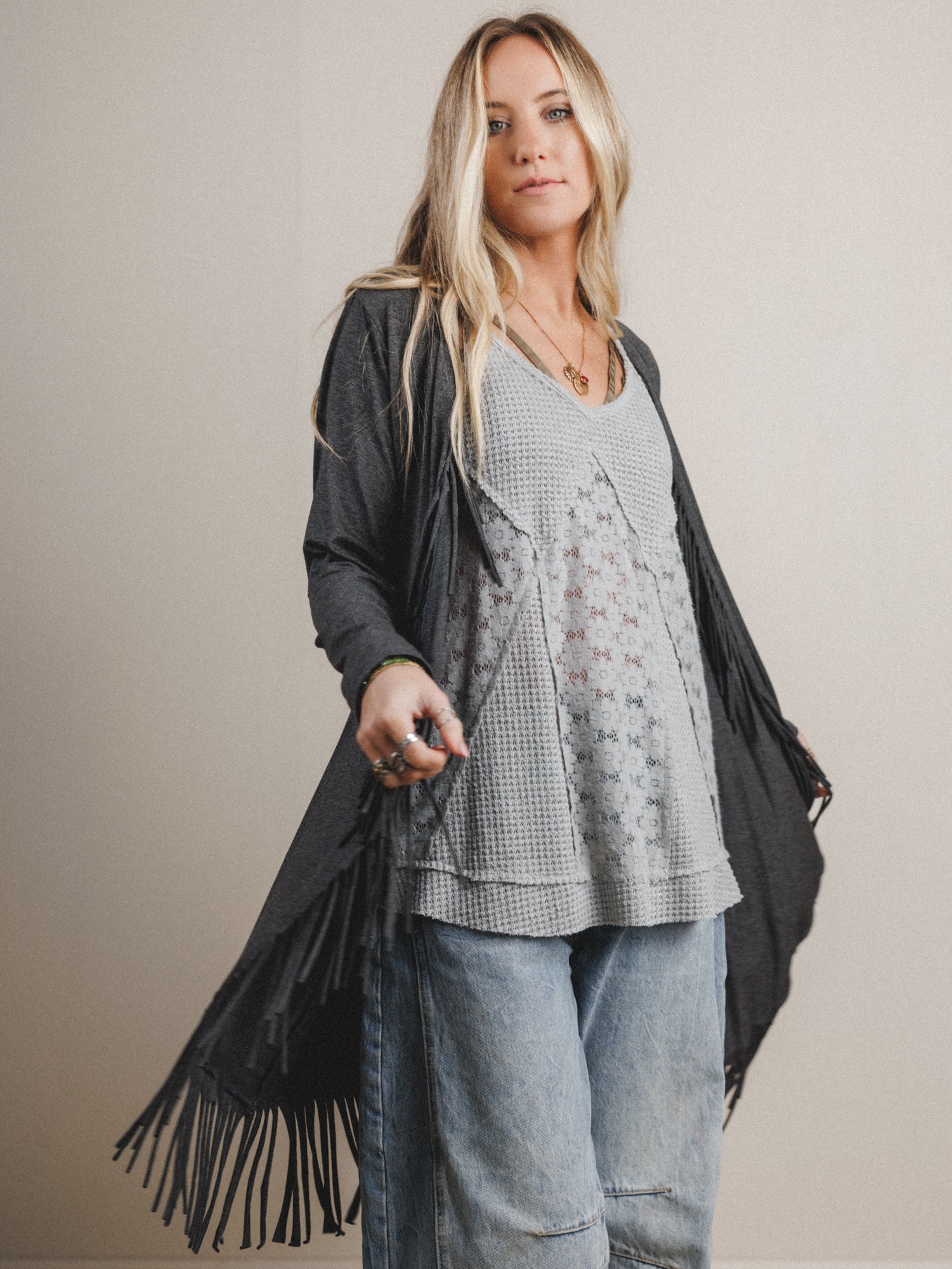 The Nest Showstopper Fringe Cardigan - Charcoal - Image 6