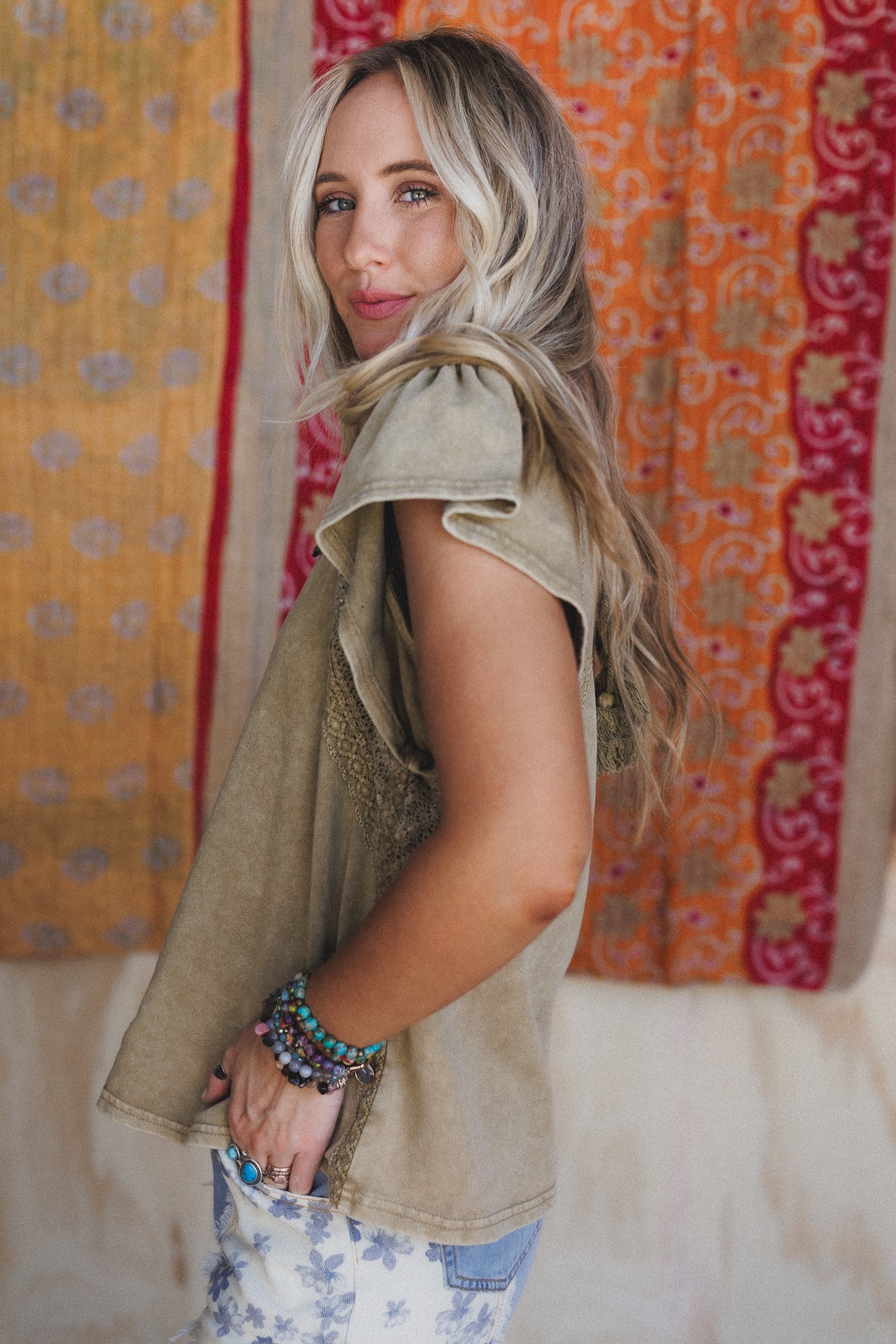 Tulum Tides Crochet Trim Top - Olive - Image 2