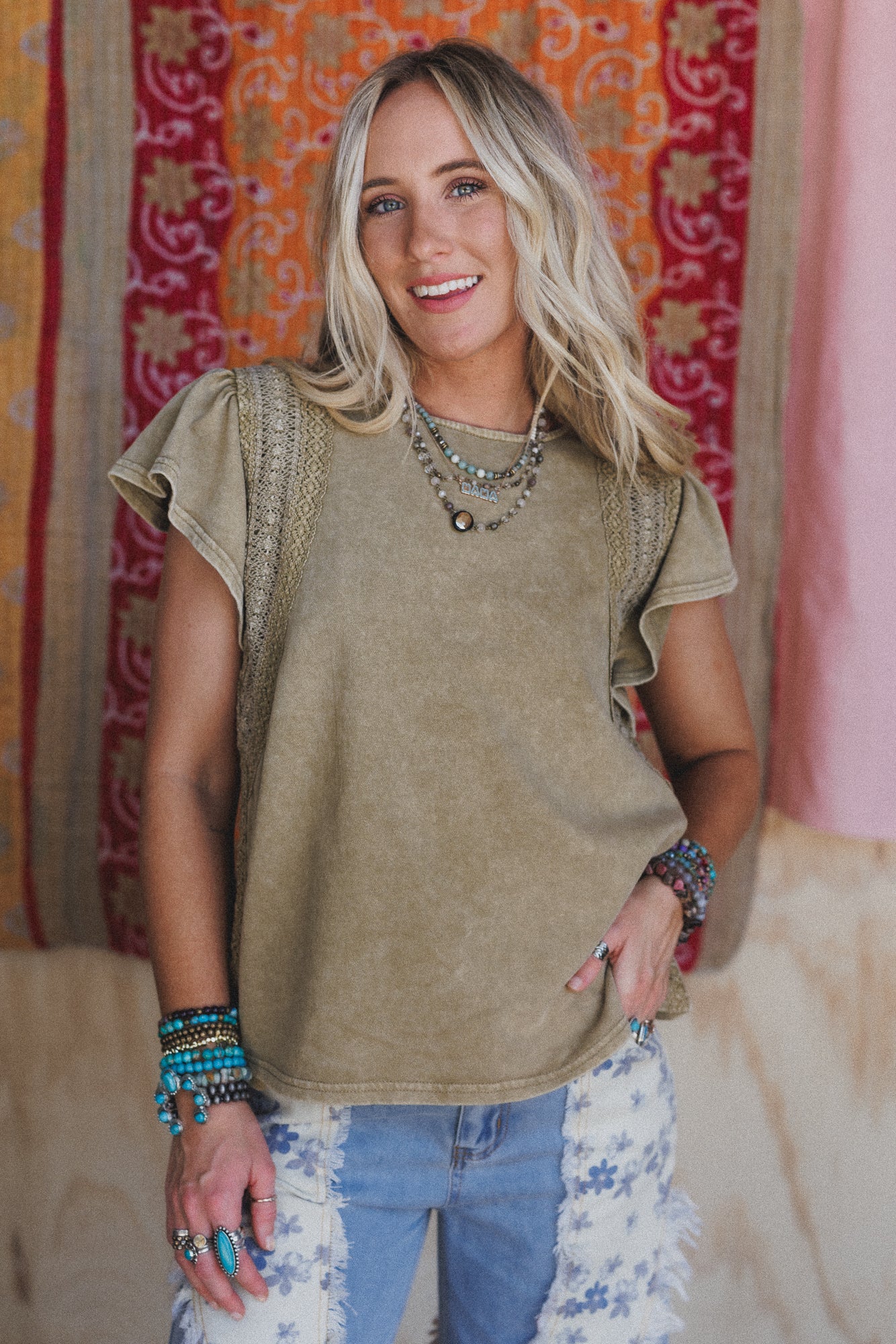 Tulum Tides Crochet Trim Top - Olive - Image 3