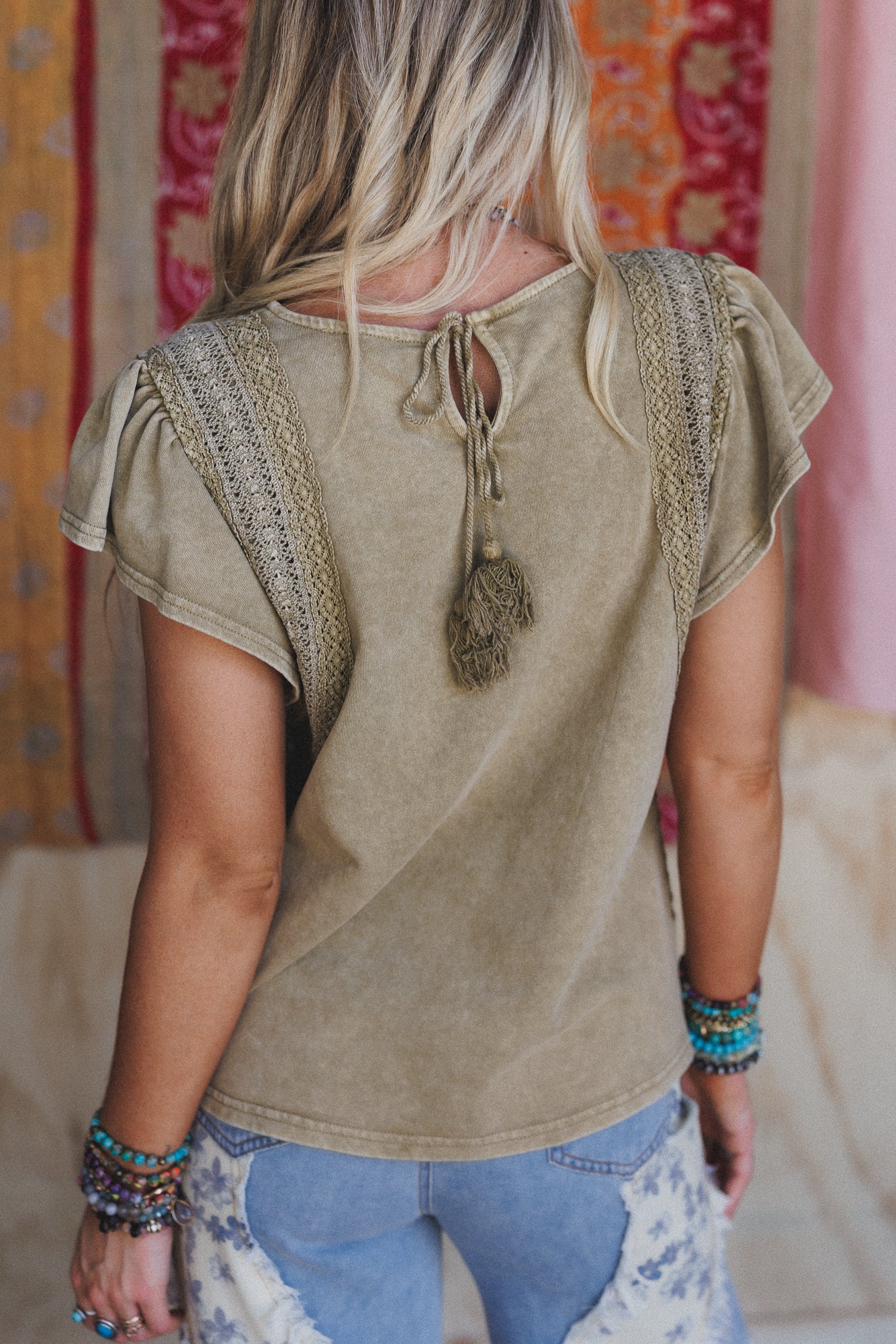 Tulum Tides Crochet Trim Top - Olive - Image 4
