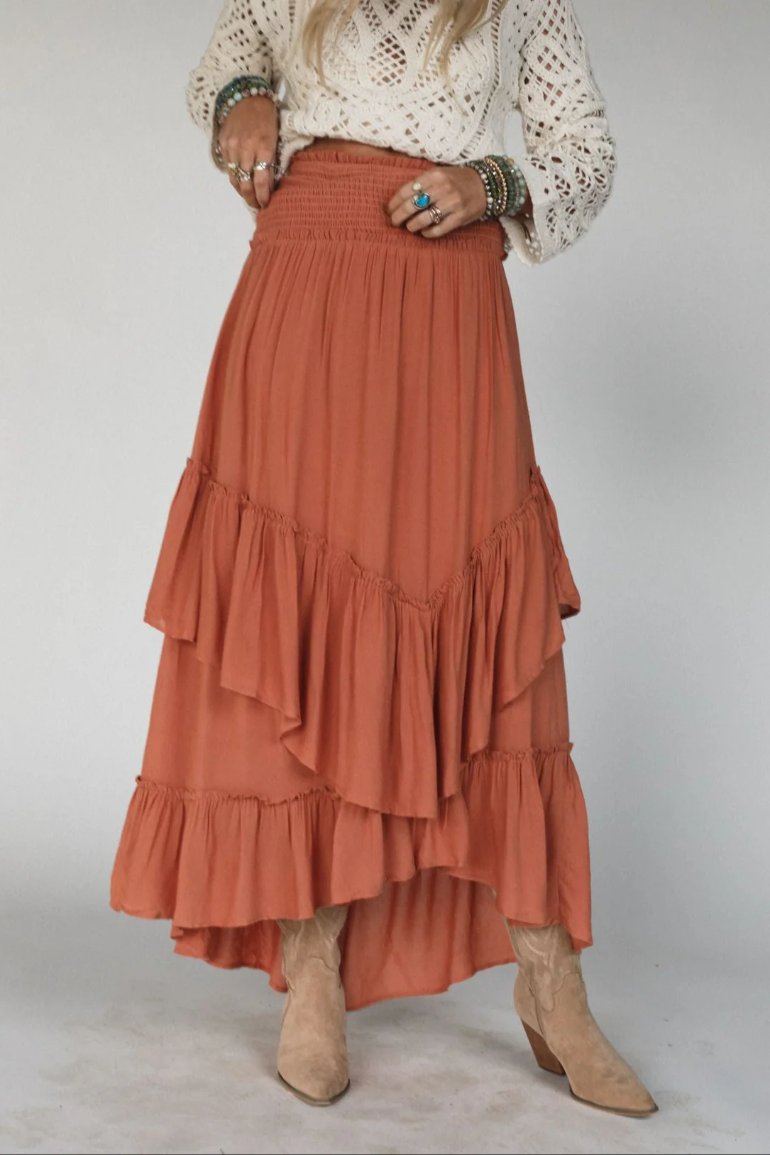 Washed Ashore Ruffled Maxi Skirt - Brick - Image 3