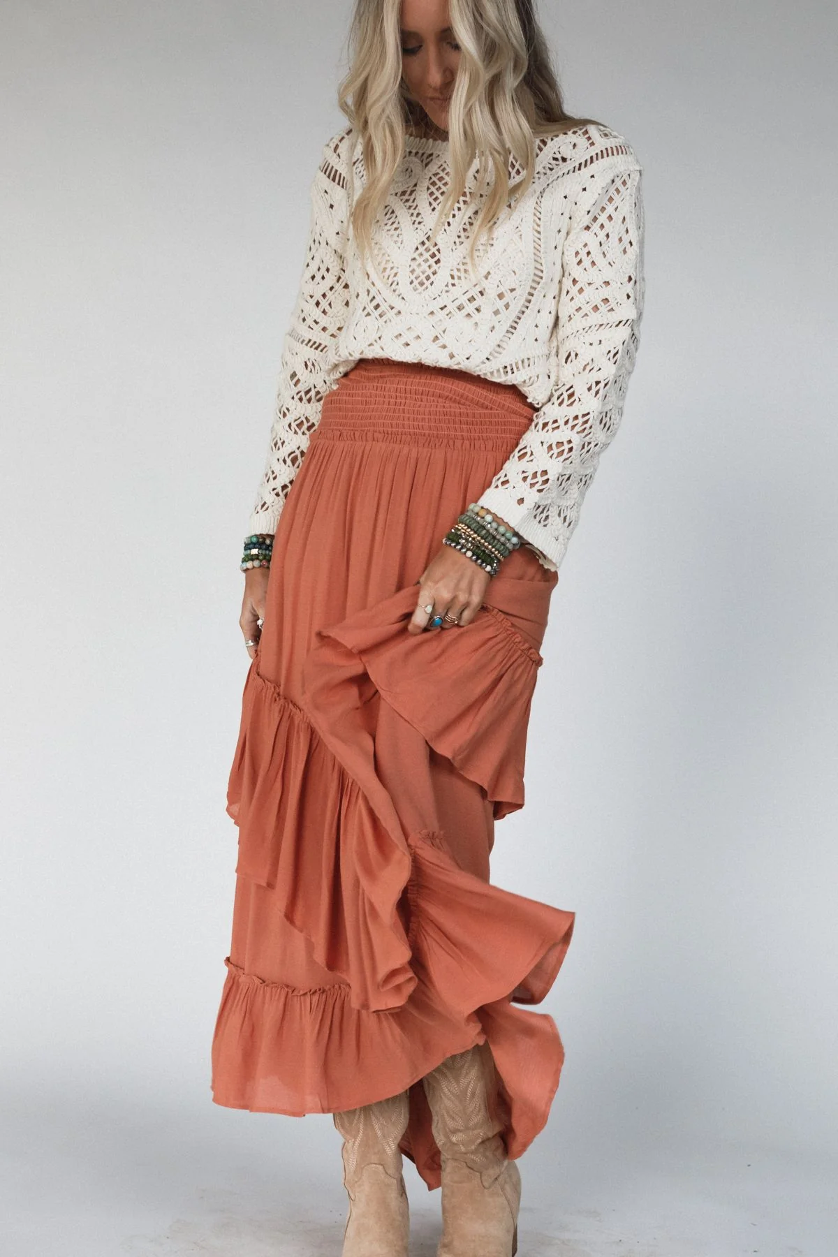 Washed Ashore Ruffled Maxi Skirt - Brick - Image 4