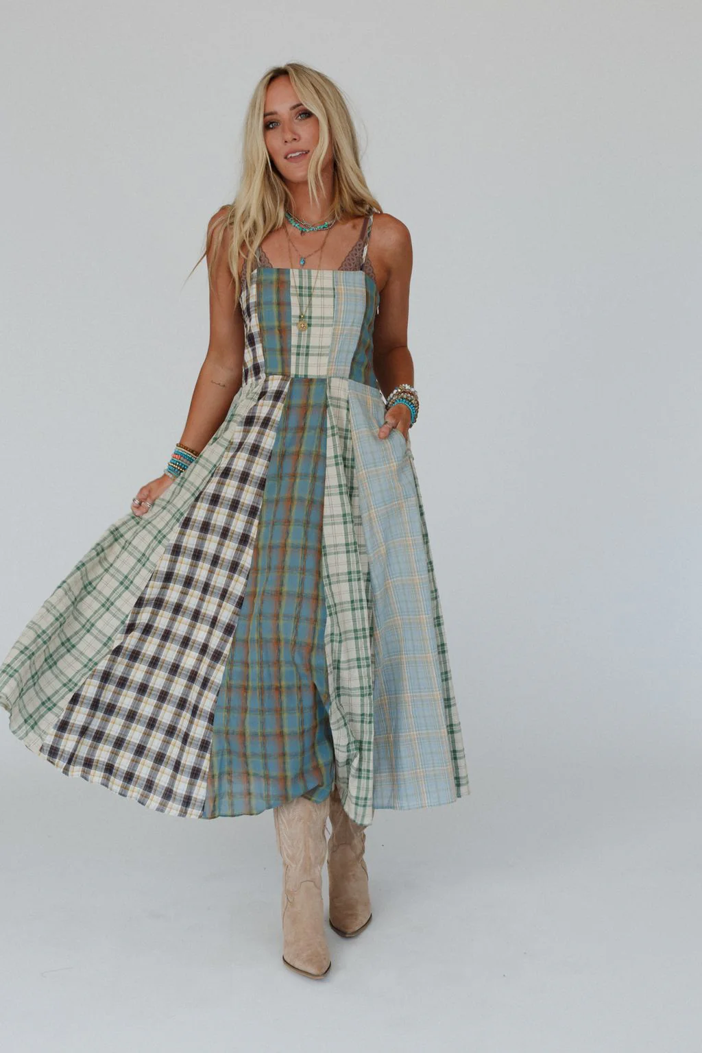 Western Charm Checkered Dress - Mint - Image 10