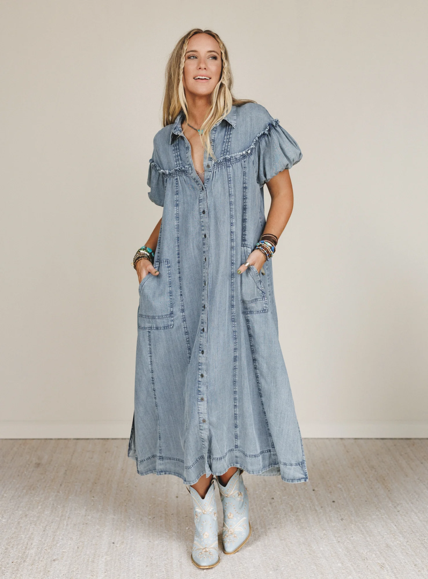 Western Muse Puff Sleeve Maxi Dress - Denim - Pre Order - Image 2