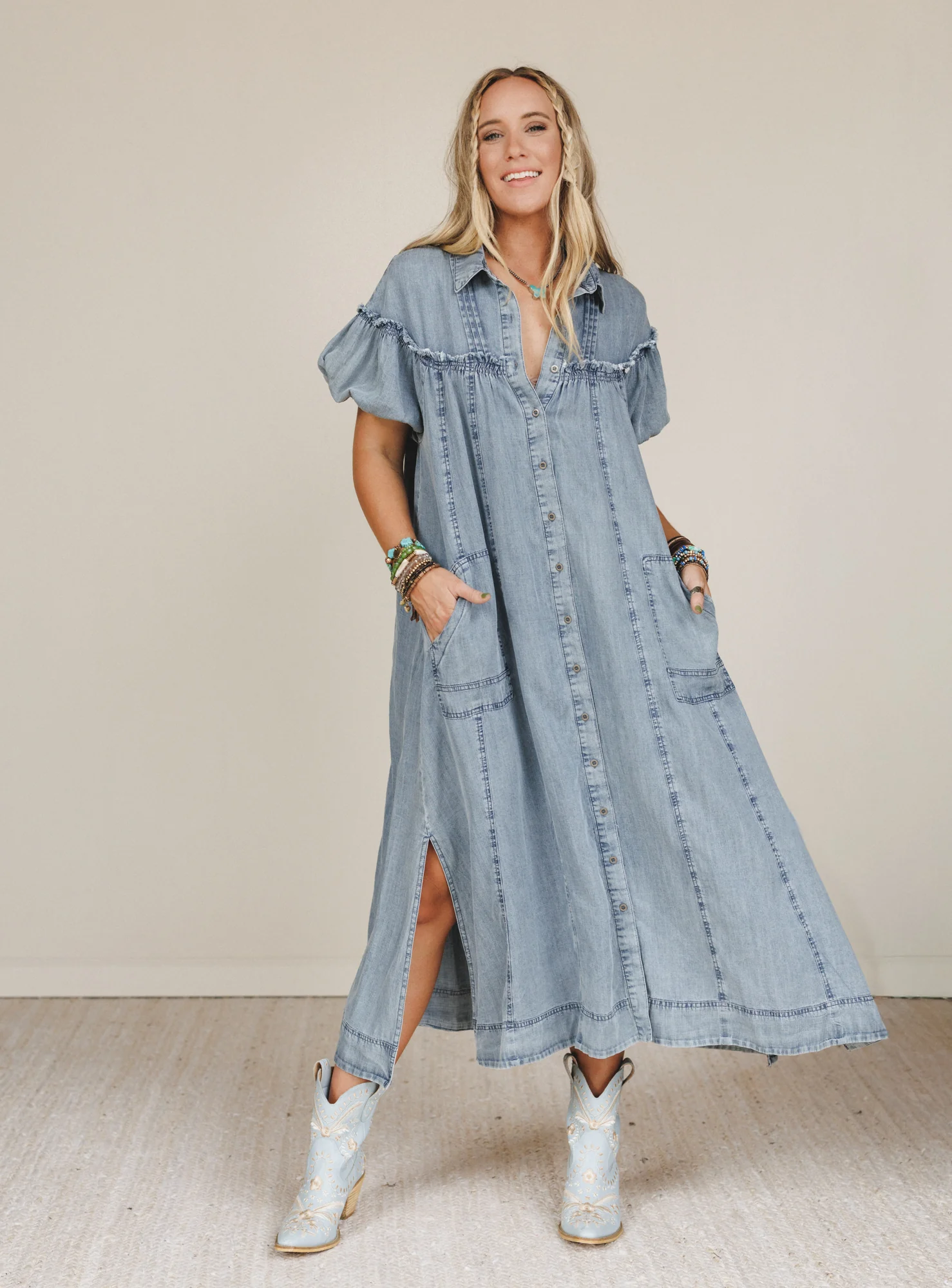 Western Muse Puff Sleeve Maxi Dress - Denim - Pre Order - Image 3