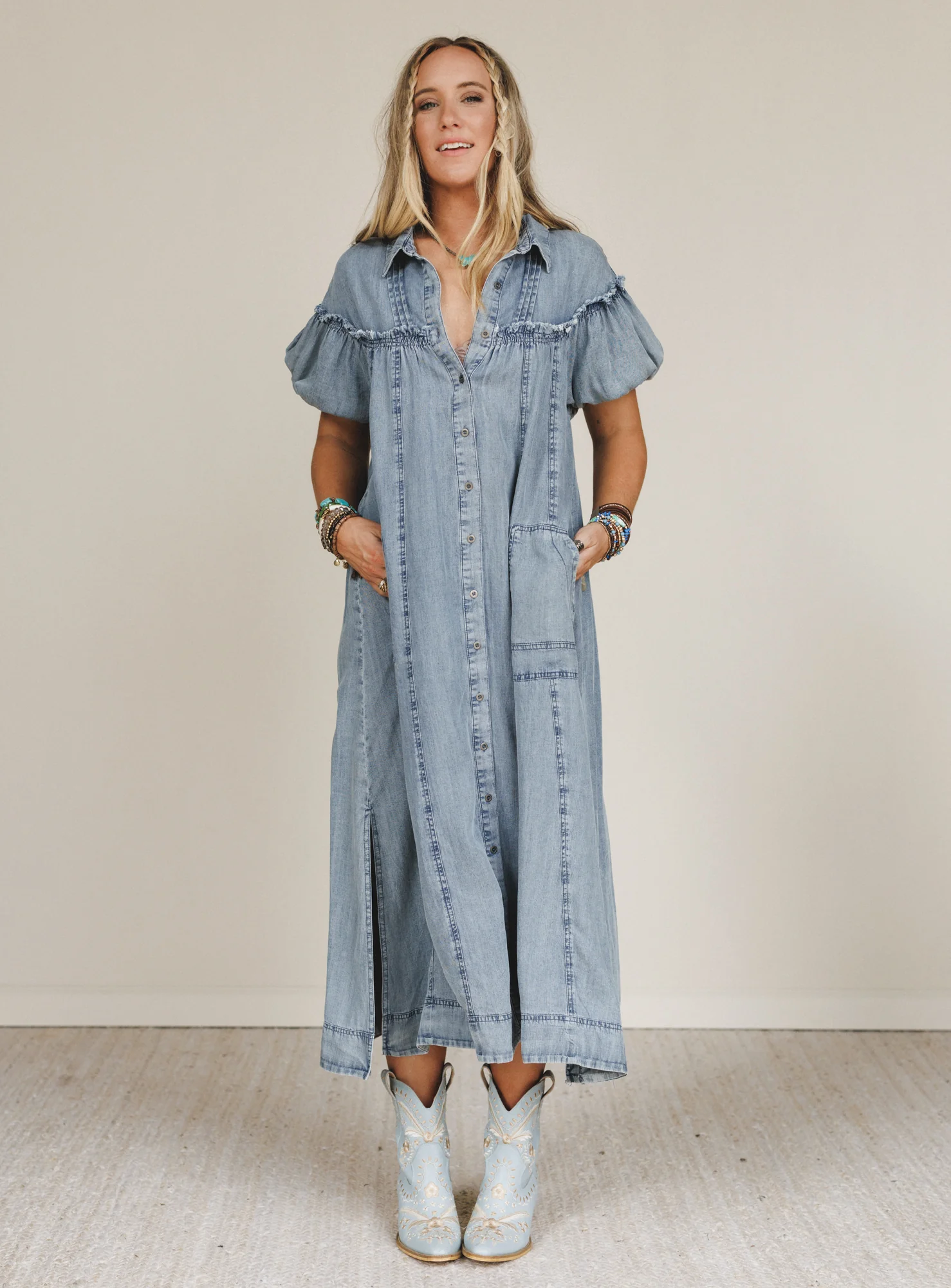 Western Muse Puff Sleeve Maxi Dress - Denim - Pre Order - Image 4