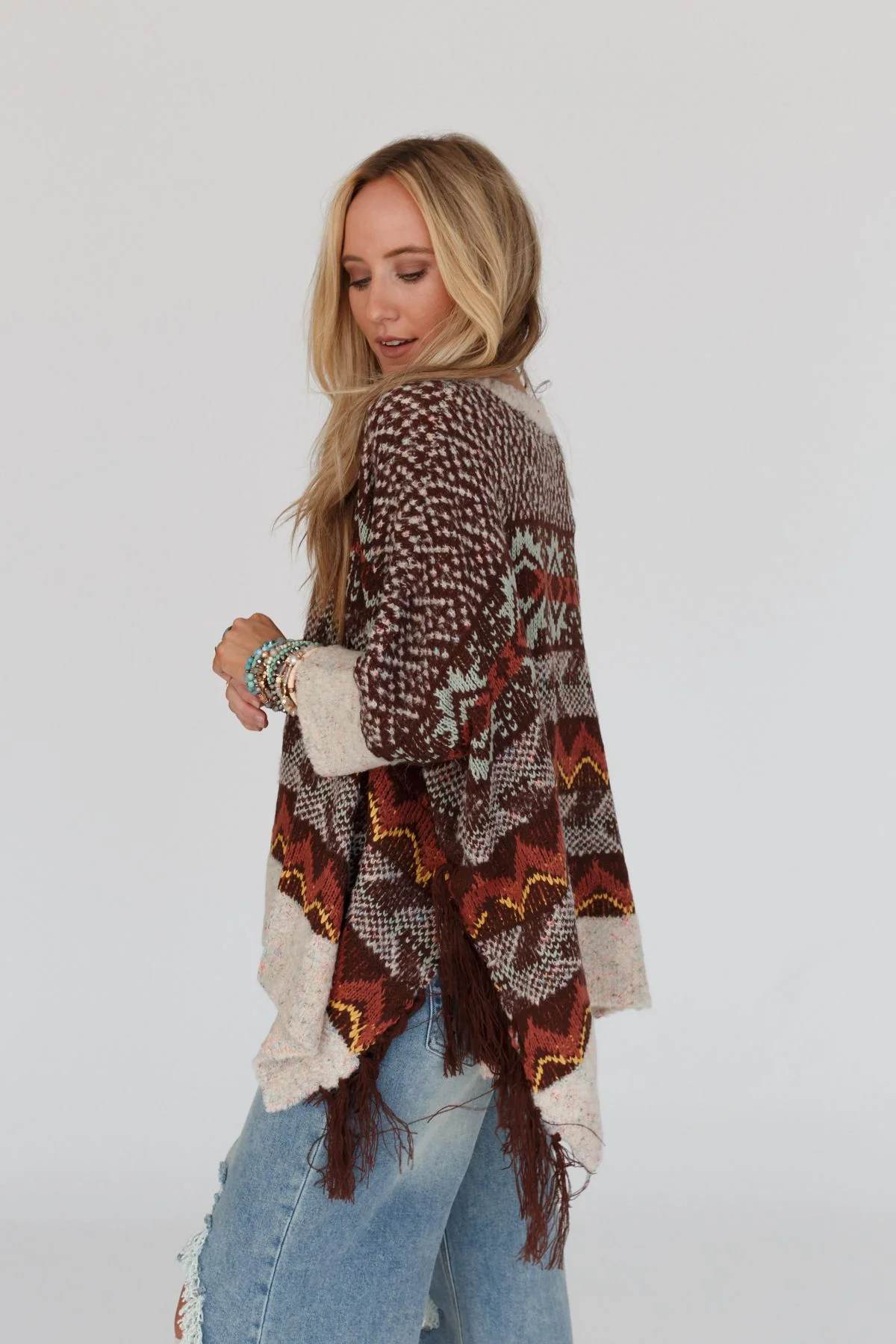 Zahra Aztec Fringe Poncho - Brown - Image 6