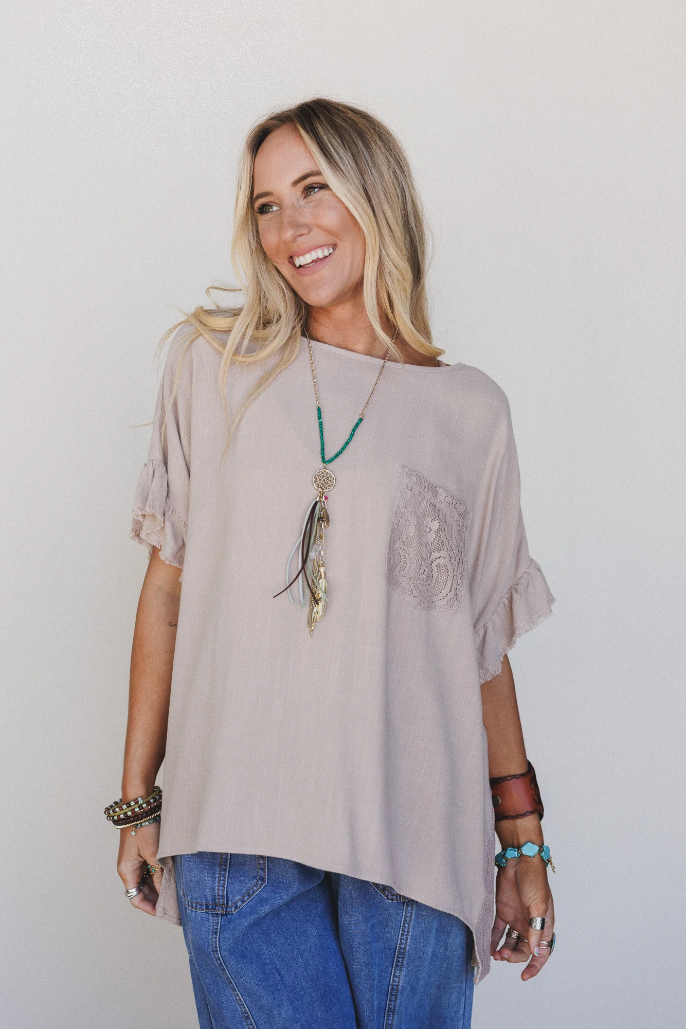 Zhara Lace Back Top - Khaki - Image 4